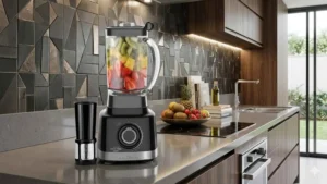 Liquidificador Britânia BLQ1300P preto com jarra de 3 litros em uma bancada de cozinha moderna