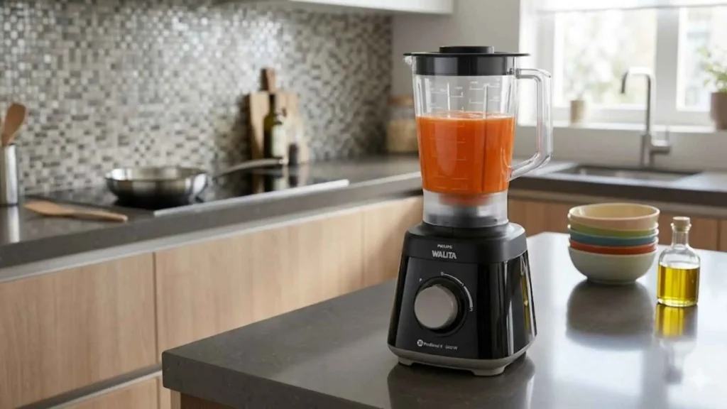 O Liquidificador Daily Jarra SAN Philips Walita preto em ação, com a jarra cheia de suco de laranja cremoso. A tecnologia ProBlend 4 está triturando as frutas, e o aparelho está fixo na bancada.