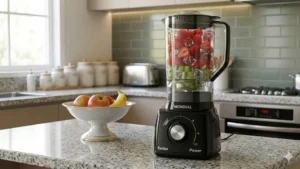 Liquidificador Mondial Turbo Power L-99 FB na cor preta com copo de 2,2 litros sobre bancada de mármore