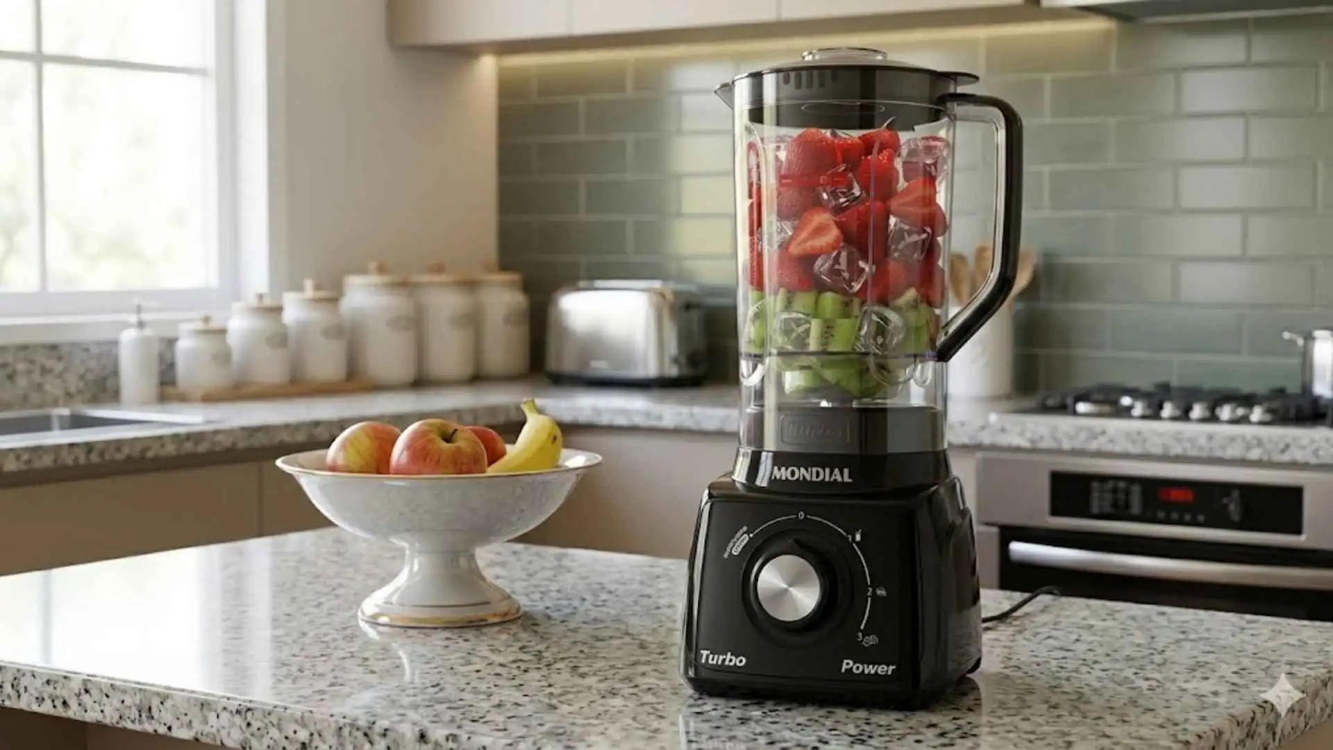 Liquidificador Mondial Turbo Power L-99 FB na cor preta com copo de 2,2 litros sobre bancada de mármore
