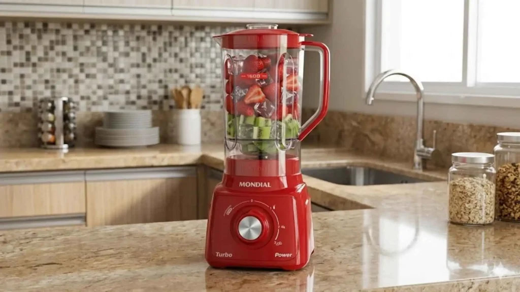 Liquidificador Mondial Turbo Power L-99-FR vermelho posicionado em uma cozinha com revestimento de tijolinhos
