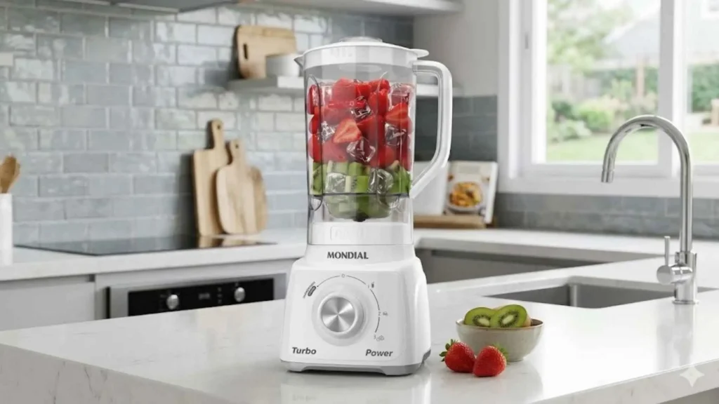 Liquidificador Mondial Turbo Power L-99-WG branco em uma cozinha iluminada com pia ao fundo
