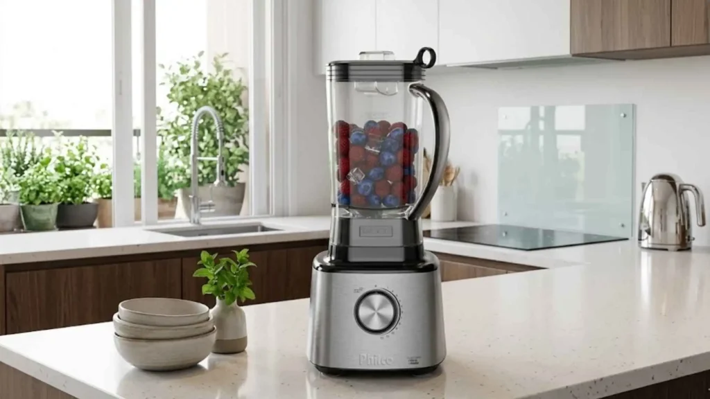 Visão frontal do Liquidificador Philco PLQ2100PI 12 velocidades com acabamento em inox sobre uma bancada de cozinha moderna e iluminada