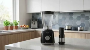 Visão frontal do Liquidificador Daily Jarra SAN Philips Walita preto, modelo RI2112 de 600W, posicionado sobre uma bancada de quartzo branca em uma cozinha planejada moderna.