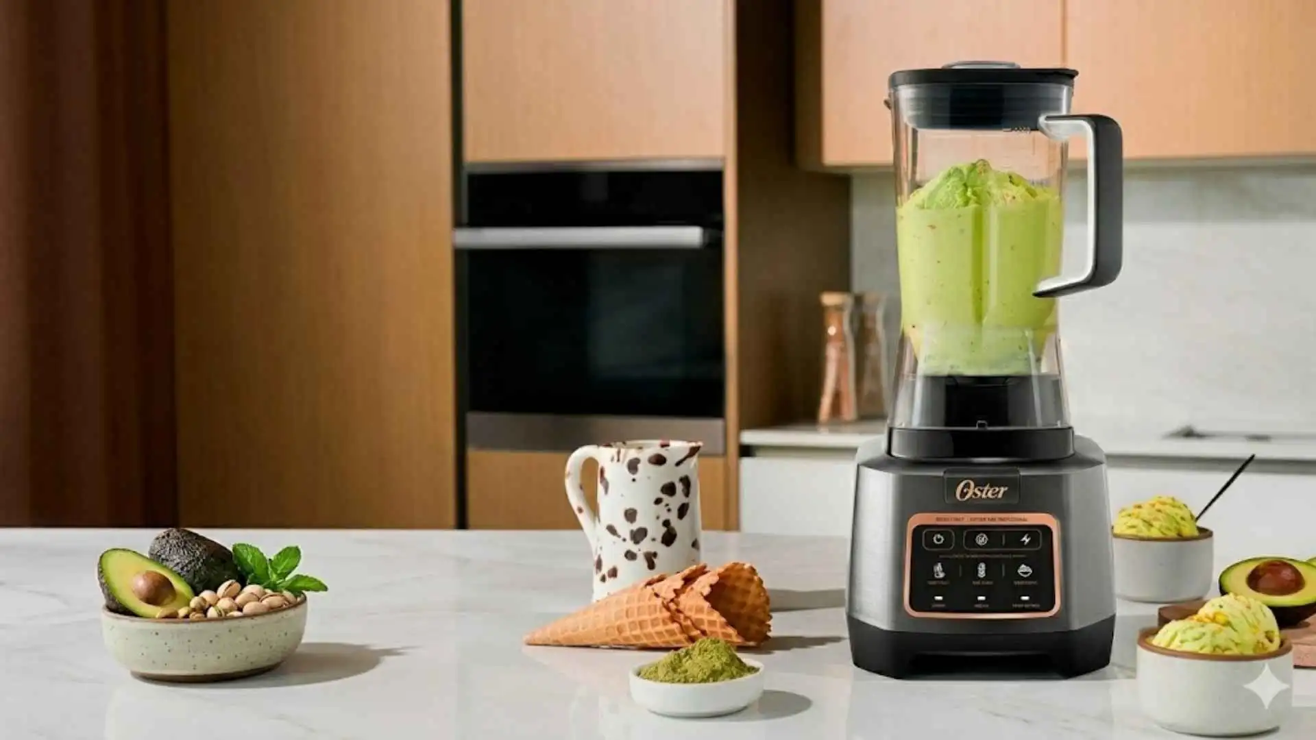 Liquidificador Oster Xtreme preparado com um smoothie verde em uma cozinha planejada moderna