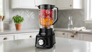 Liquidificador Turbo Full Mondial L-900 FB na cor preta posicionado em uma bancada de cozinha cinza com frutas dentro do copo