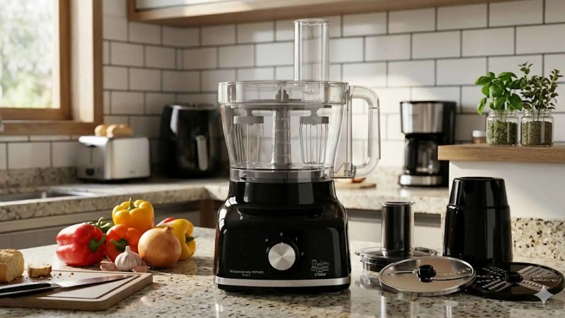 Mini processador de alimentos preto em uma bancada de cozinha moderna com vegetais frescos, ilustrando o guia sobre qual o melhor mini processador de 2026