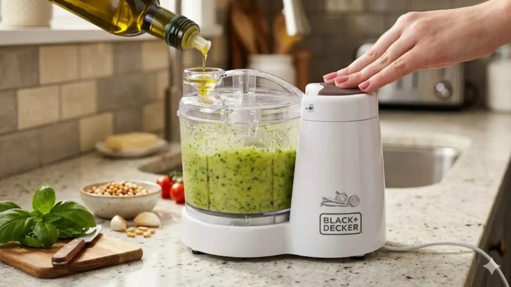 Close na abertura da tampa do Mini Processador BLACK+DECKER MP120B2 sendo usada para adicionar azeite durante o preparo