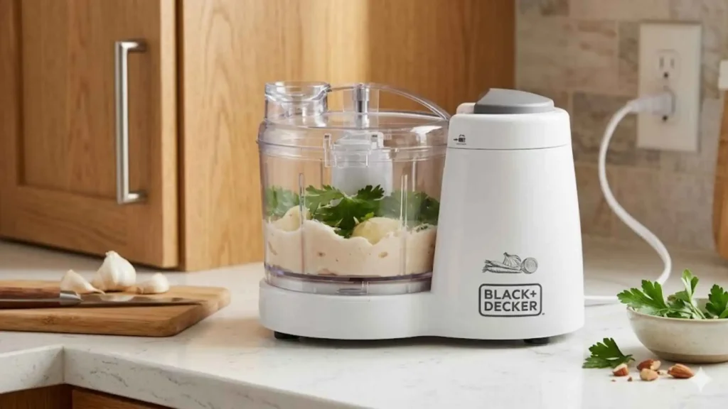 Mini Processador BLACK+DECKER MP120B2 triturando temperos frescos como alho e cebola em poucos segundos