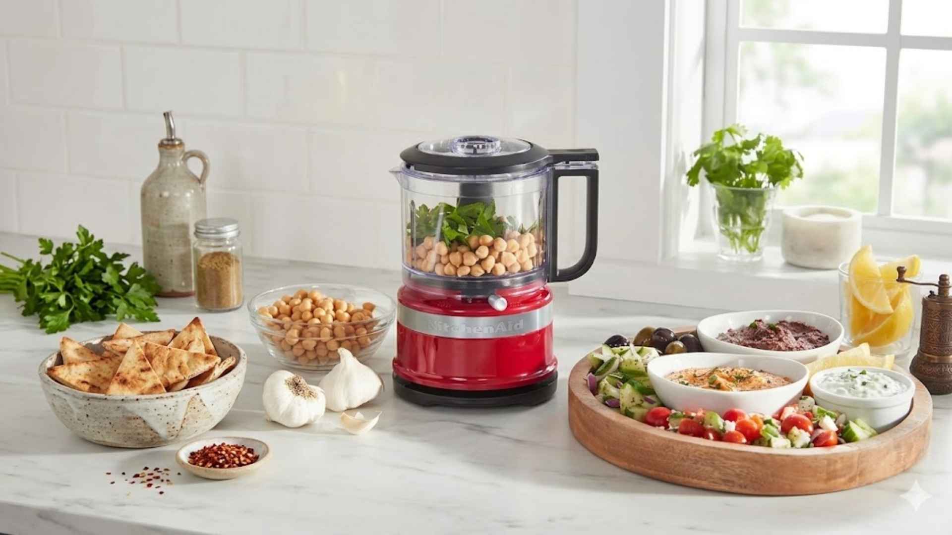 Mini processador de alimentos KitchenAid preparado para fazer homus com grão-de-bico em uma cozinha iluminada