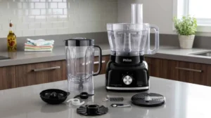 Multiprocessador Philco PMP1600P preto 9 em 1 sobre a bancada da cozinha com jarra e acessórios