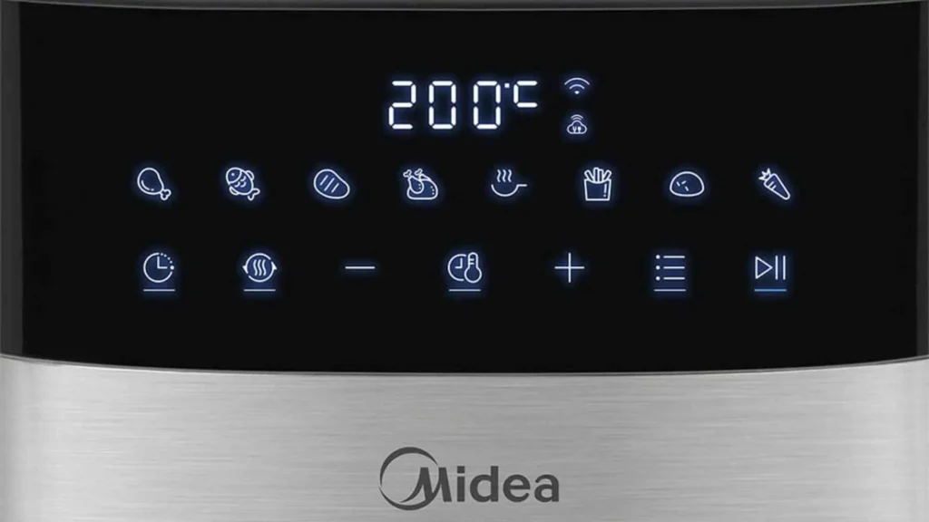 Detalhe do painel digital touch screen da Air Fryer Midea Smart Chef Plus 6L com ícones de funções pré-programadas