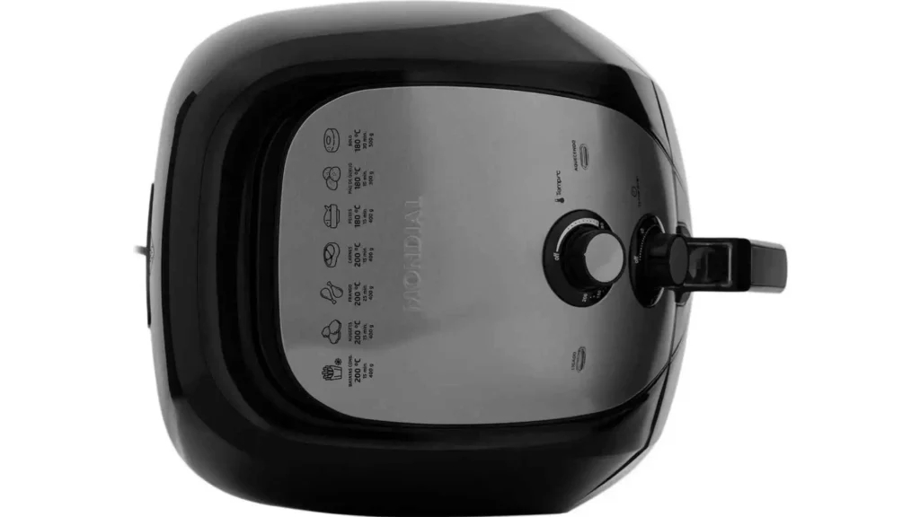 Painel superior da Air Fryer Mondial 8L AFN-80-FB mostrando os seletores de temperatura e timer de 60 minutos