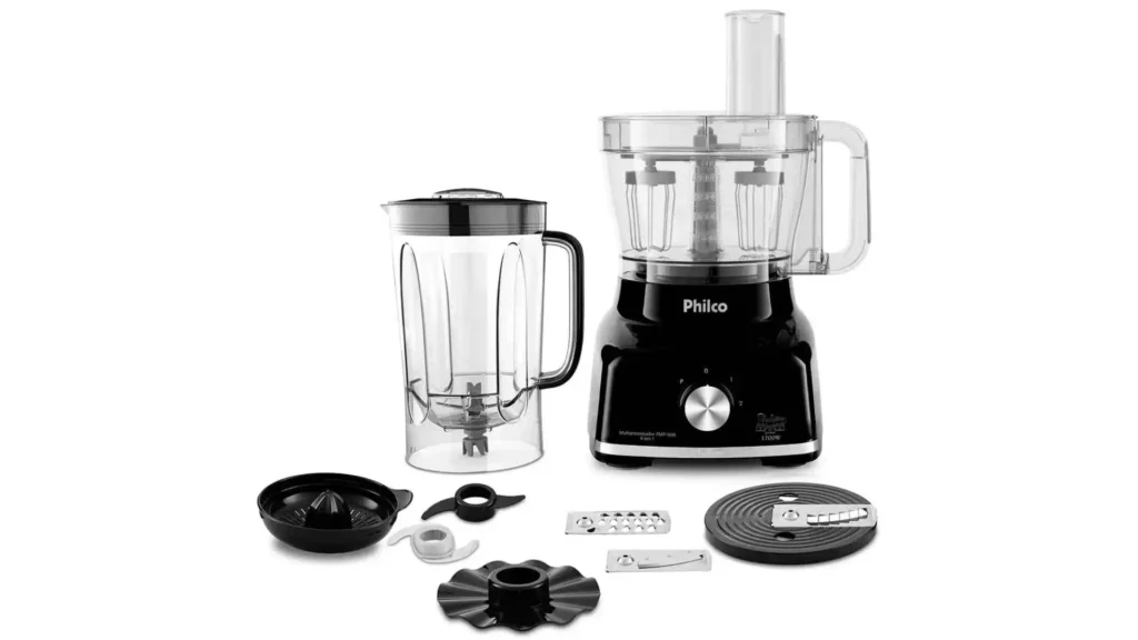 Acessórios do Philco PMP1600P incluindo lâminas em aço inox, discos de ralar e espremedor de frutas