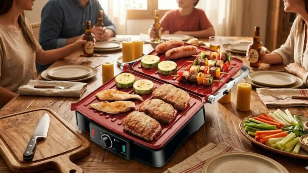 Press Grill Mondial Red Ceramic PG-02 totalmente aberto em 180 graus com carnes e vegetais grelhando nas chapas de cerâmica vermelha