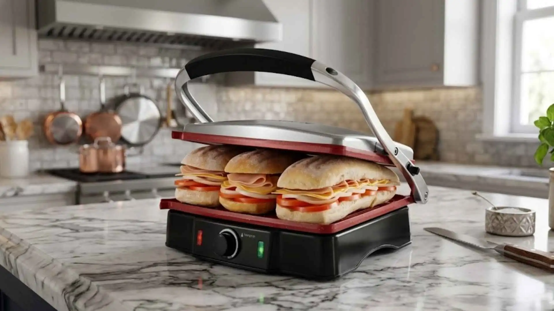 Press Grill Mondial Red Ceramic PG-02 em uso como sanduicheira prensando três lanches simultaneamente sobre bancada de mármore