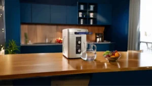 Purificador de água IBBL E-Due prata instalado em uma bancada de madeira em cozinha moderna com armários azuis