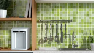 Purificador de água Consul CPB33AB branco instalado em uma bancada de cozinha compacta com revestimento de pastilhas verdes