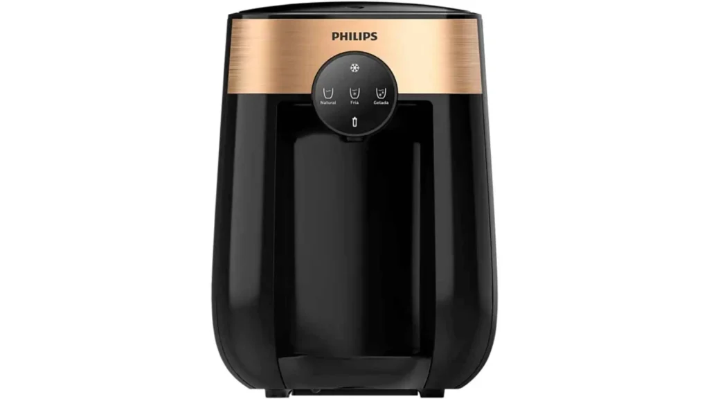 Visão frontal do purificador de água Philips ADD5926 em preto e bronze, destacando seu design compacto
