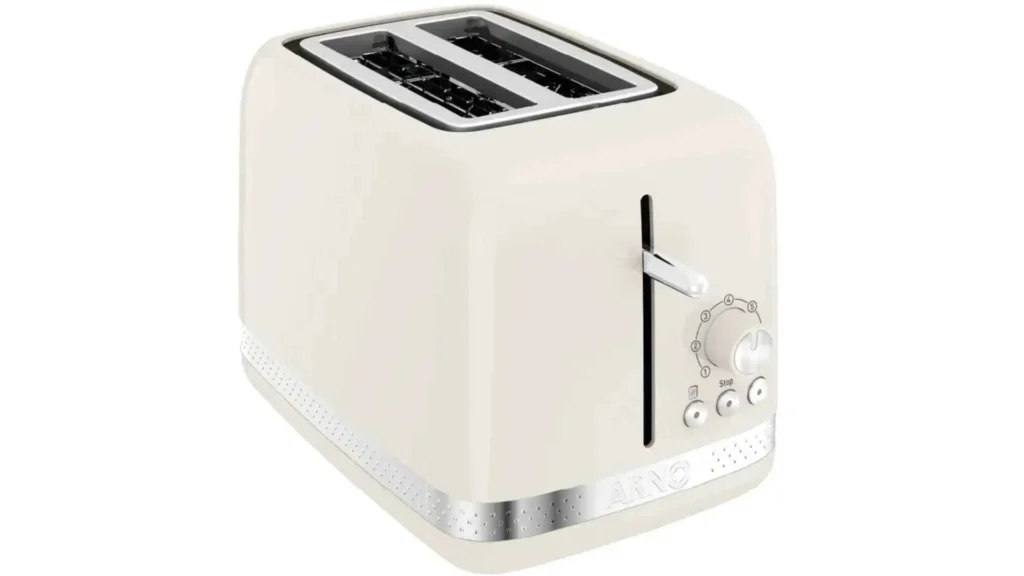 Vista lateral da Torradeira Arno Soleil evidenciando as aberturas largas e a alavanca de alta elevação