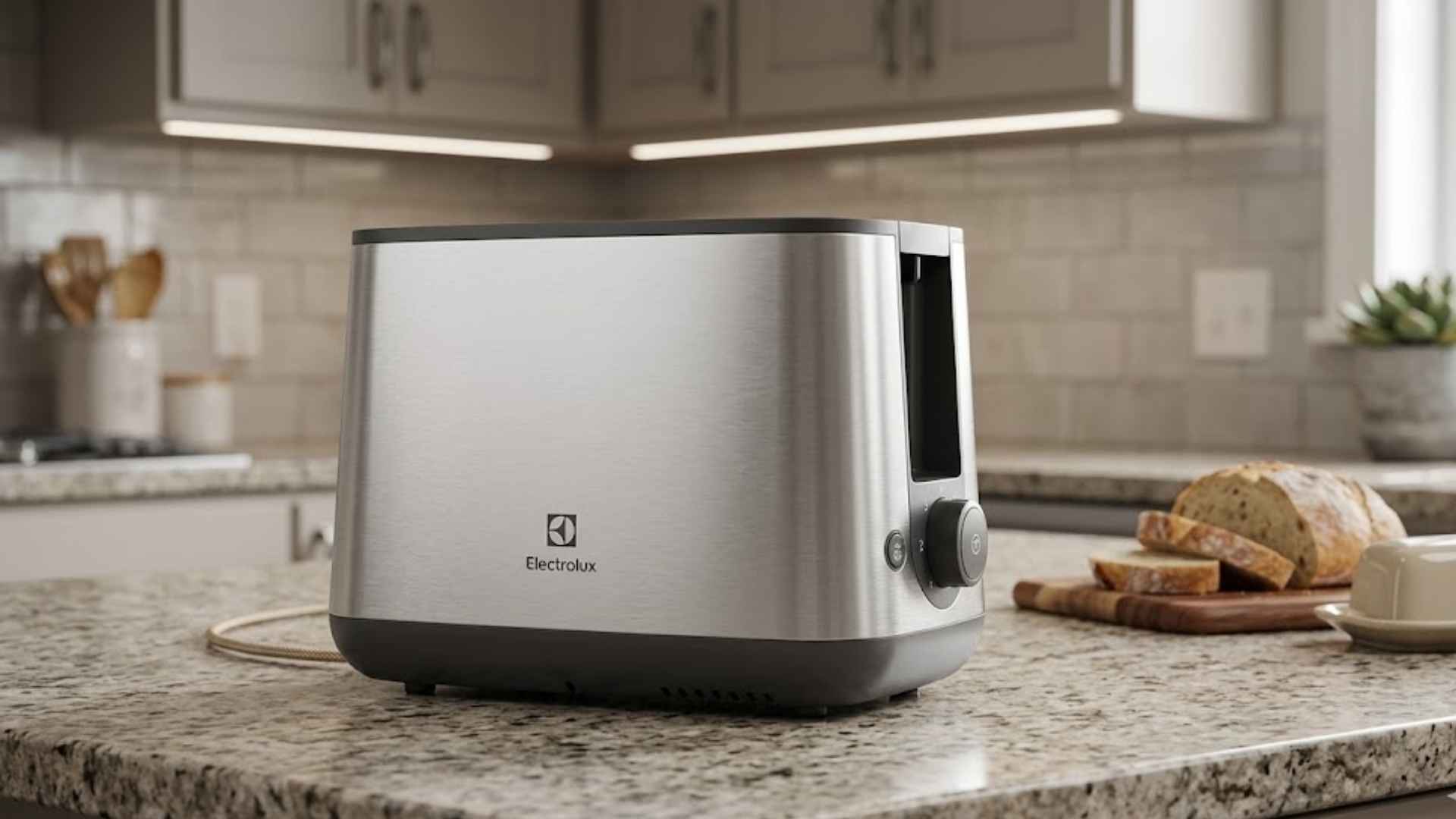 Torradeira Electrolux Experience ETS25 em aço inox escovado sobre uma bancada de cozinha moderna