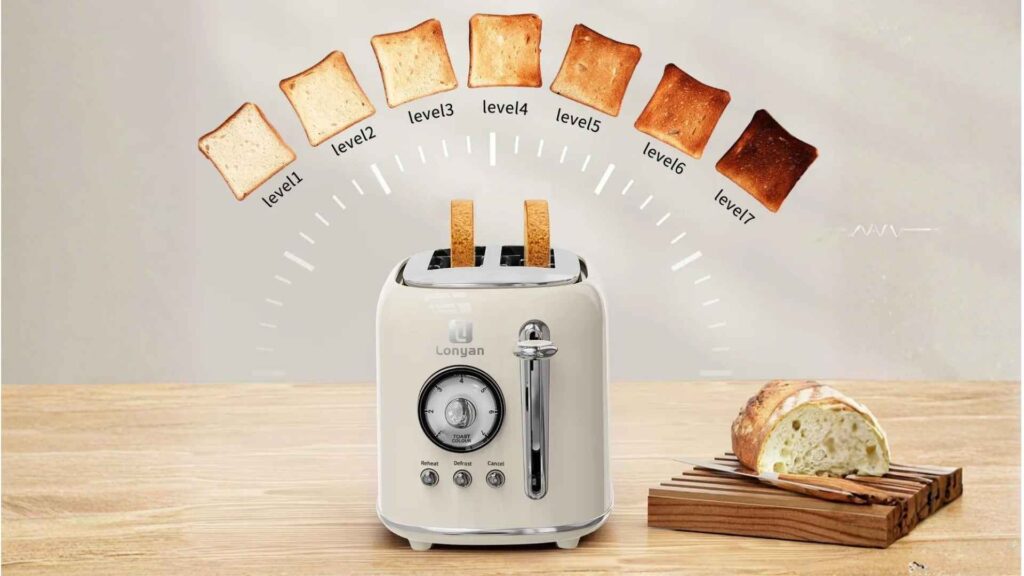 Infográfico mostrando os 7 níveis de tostagem da Torradeira LONYAN, do dourado leve ao mais escuro