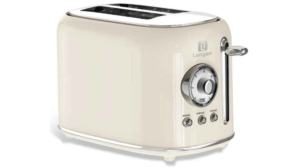 Vista frontal da Torradeira LONYAN em aço inoxidável bege com seletor numérico e acabamento premium
