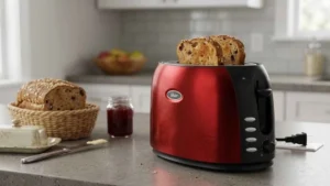 Torradeira Oster Aço Inox Vermelha em cima de uma bancada de cozinha com pães artesanais ao lado