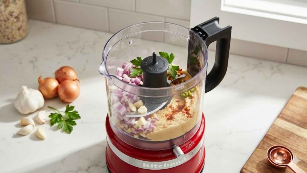 Mini processador de alimentos KitchenAid vermelho processando cebola roxa e alho em uma bancada de mármore