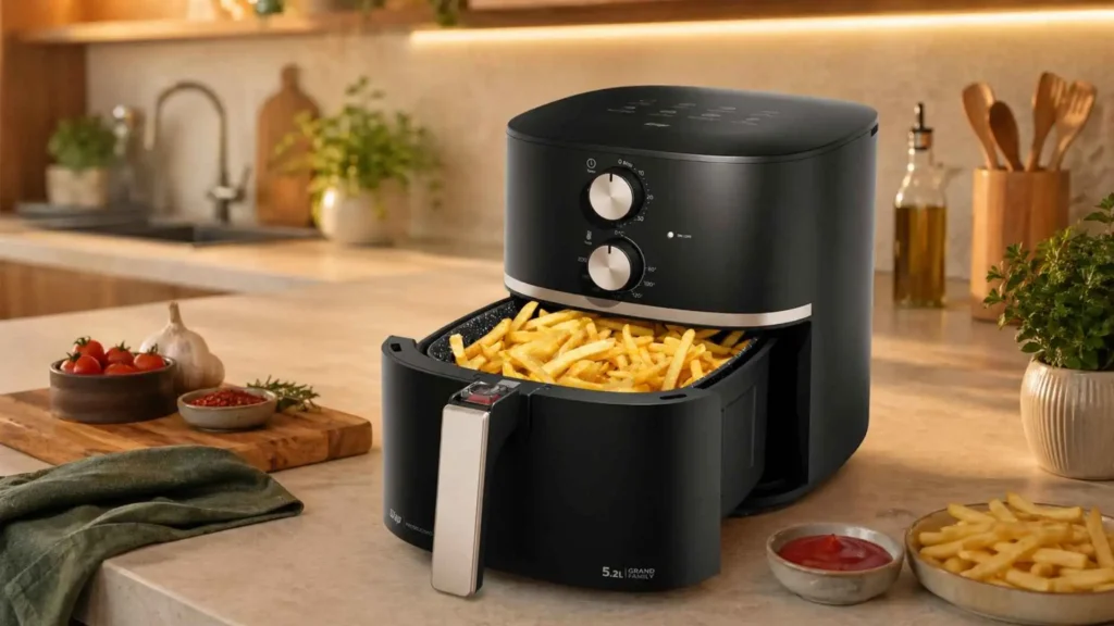 Cesto aberto da WAP Air Fryer Grand Family repleto de batatas fritas douradas e crocantes
