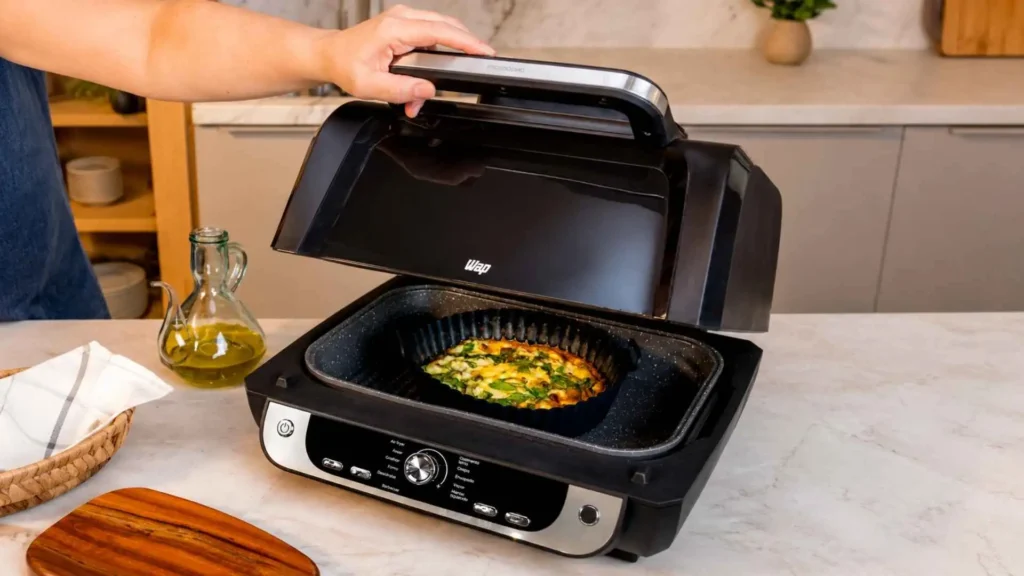 Pessoa abrindo a tampa superior da WAP Air Fryer Barbecue Digital 12 em 1 para visualizar o cozimento de uma refeição no cesto plano de 10 litros.