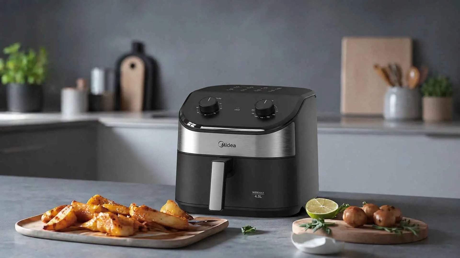 Air Fryer Midea WideMax Cyclone preta e inox sobre a bancada da cozinha com petiscos ao lado