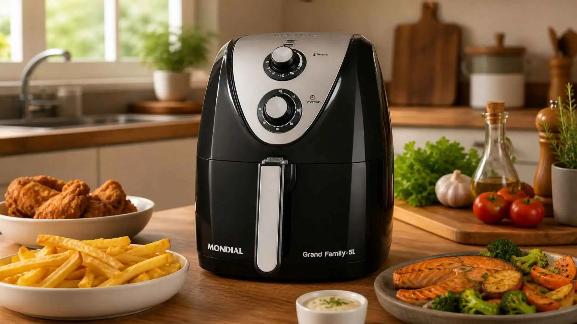 Fritadeira Air Fryer Mondial AFN-50-BI de 5 litros em uma cozinha com frango frito e acompanhamentos preparados sem óleo