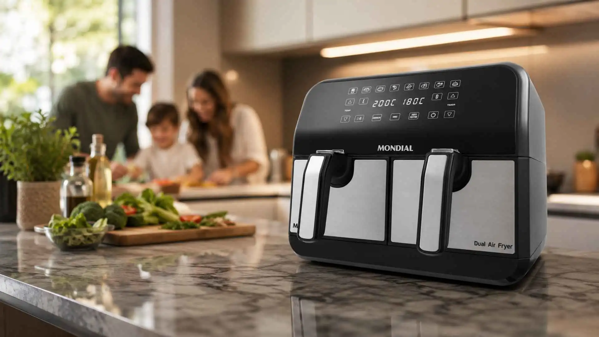Fritadeira elétrica Air Fryer Mondial Dualzone 8L preta com acabamento em aço inox sobre a bancada de uma cozinha planejada moderna.