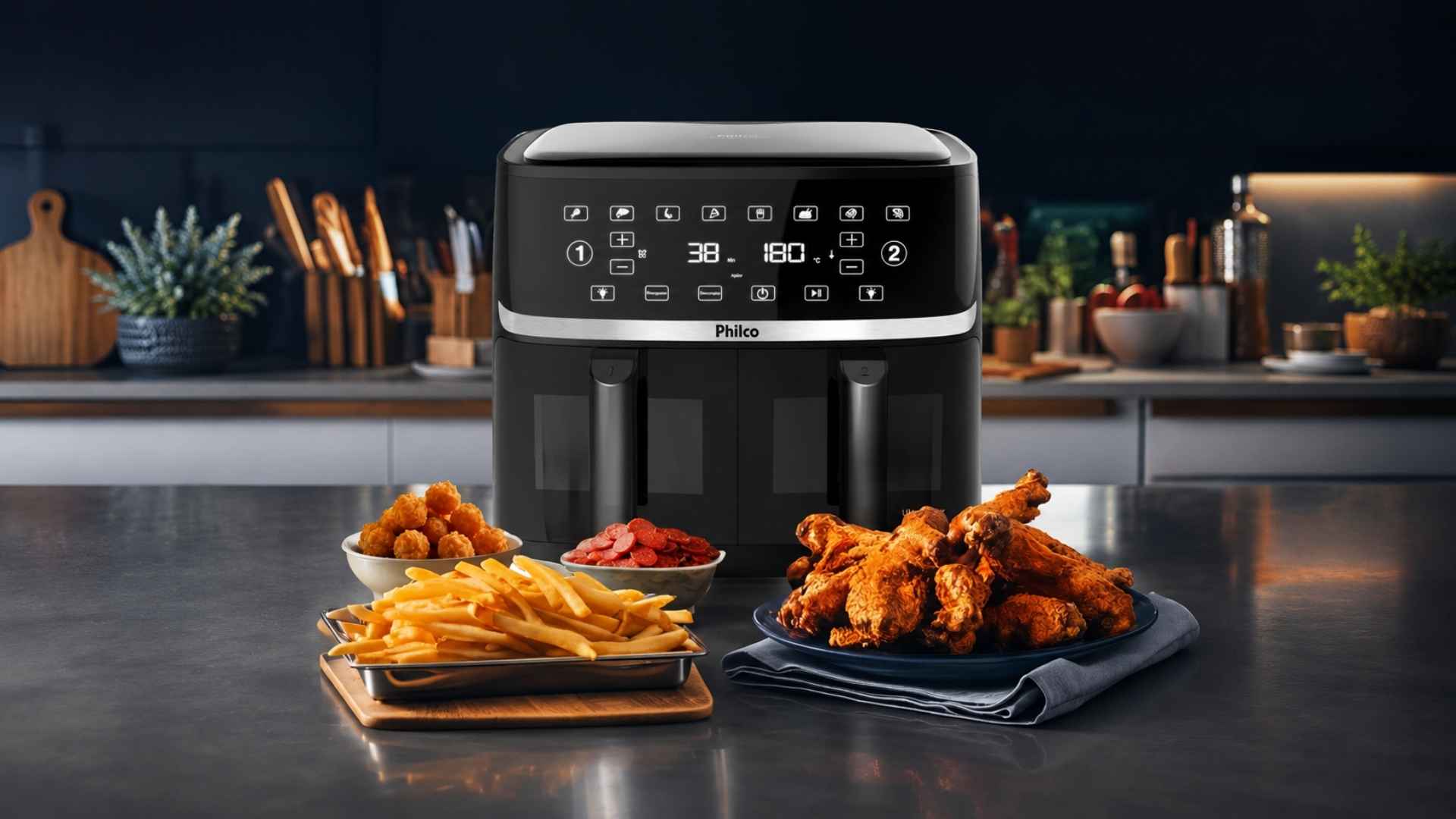 Vista frontal da Air Fryer Philco PAF10A preta sobre a bancada de uma cozinha moderna, cercada por pratos com batatas fritas e molhos prontos para servir