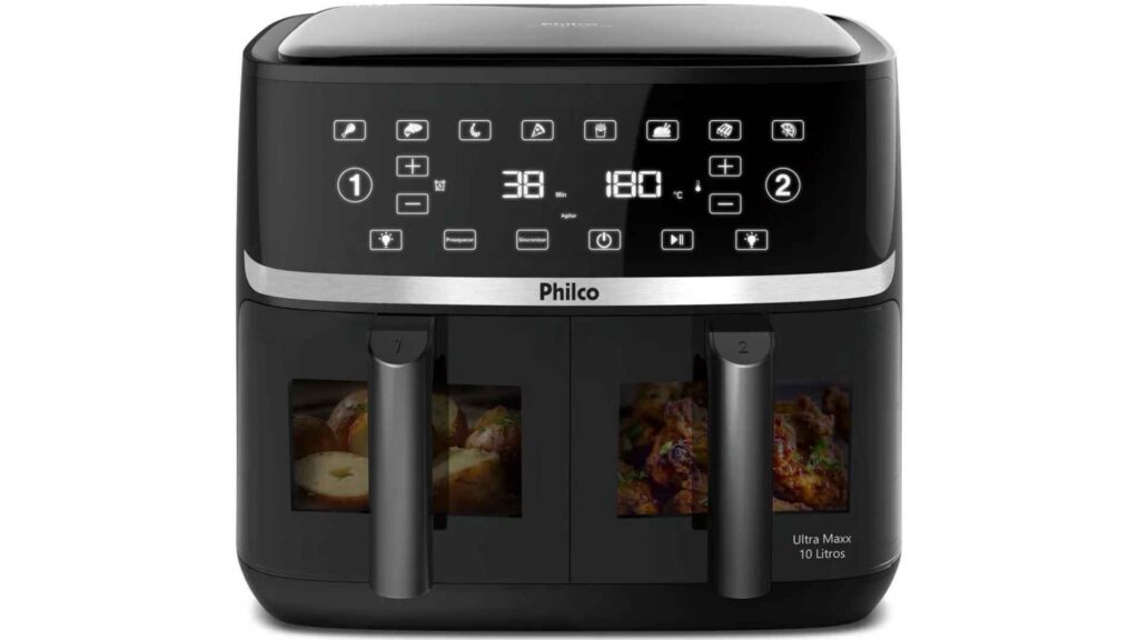 Vista frontal detalhada da Air Fryer Philco PAF10A com o painel digital touch aceso e os visores de vidro temperado exibindo o alimento interno iluminado