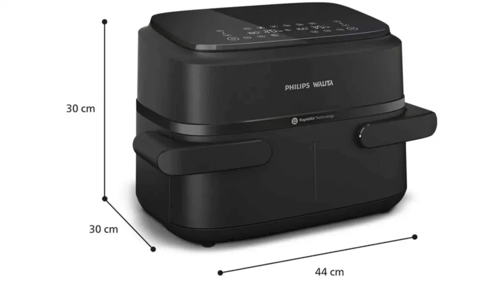 Dimensões e medidas de largura, altura e profundidade da Airfryer Philips Walita Série 1000 Duplo Cesto 7,1L NA150