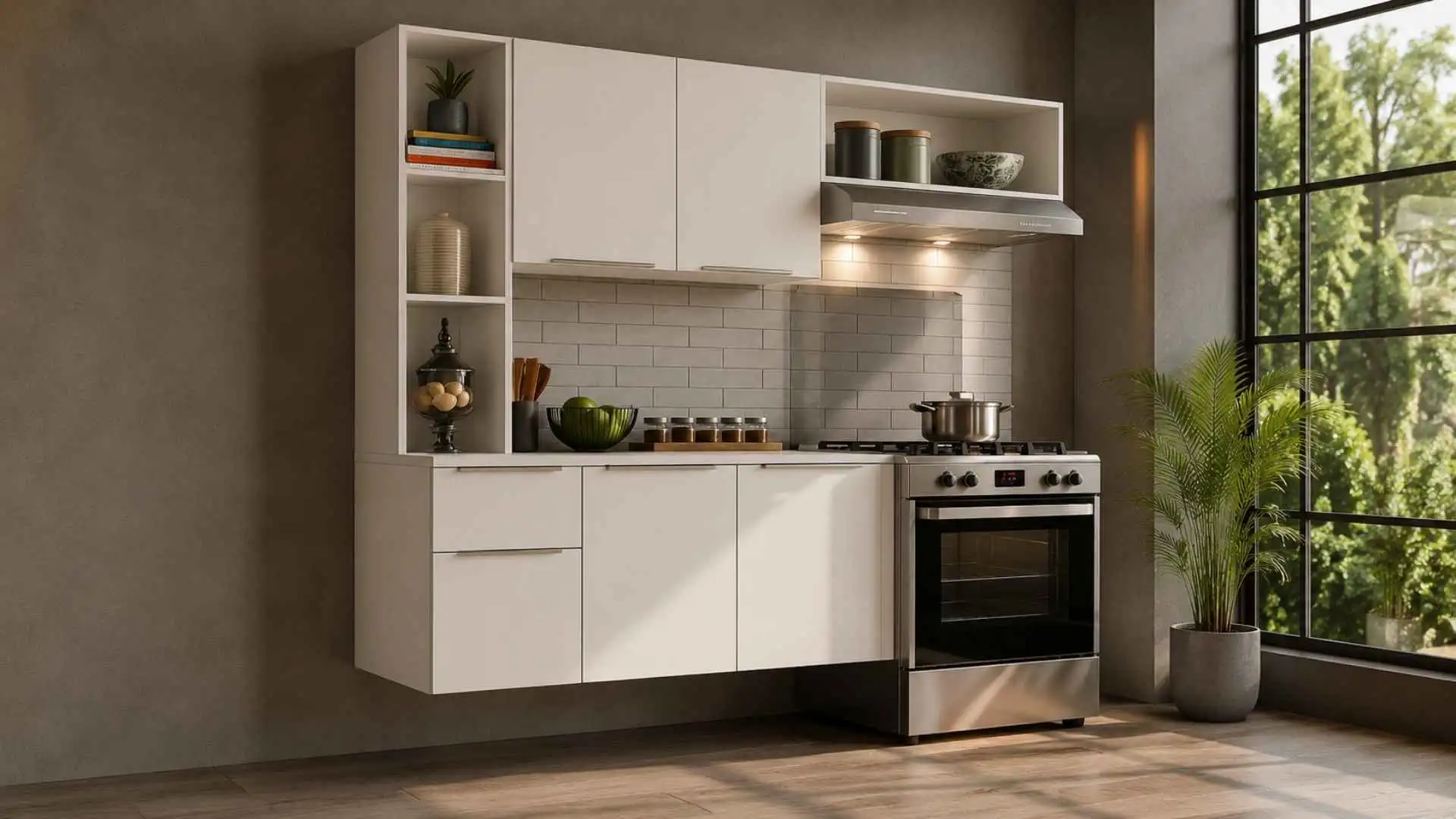 Armário de Cozinha Compacta e Balcão MP2001 Sofia Multimóveis na cor branca fixado em parede de cozinha compacta