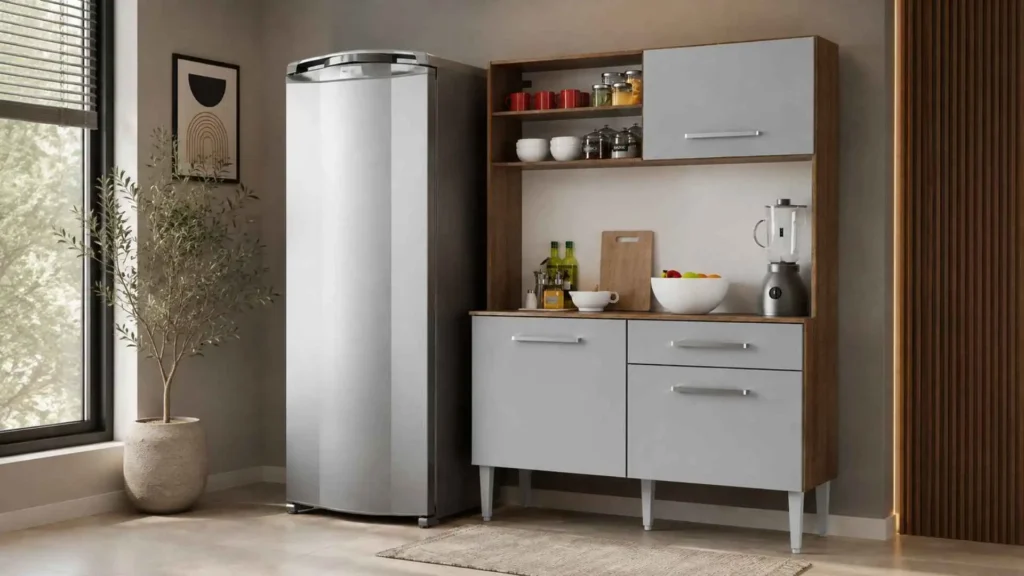 Armário de Cozinha Compacta Life Madesa na cor cinza e rustic instalado ao lado da geladeira