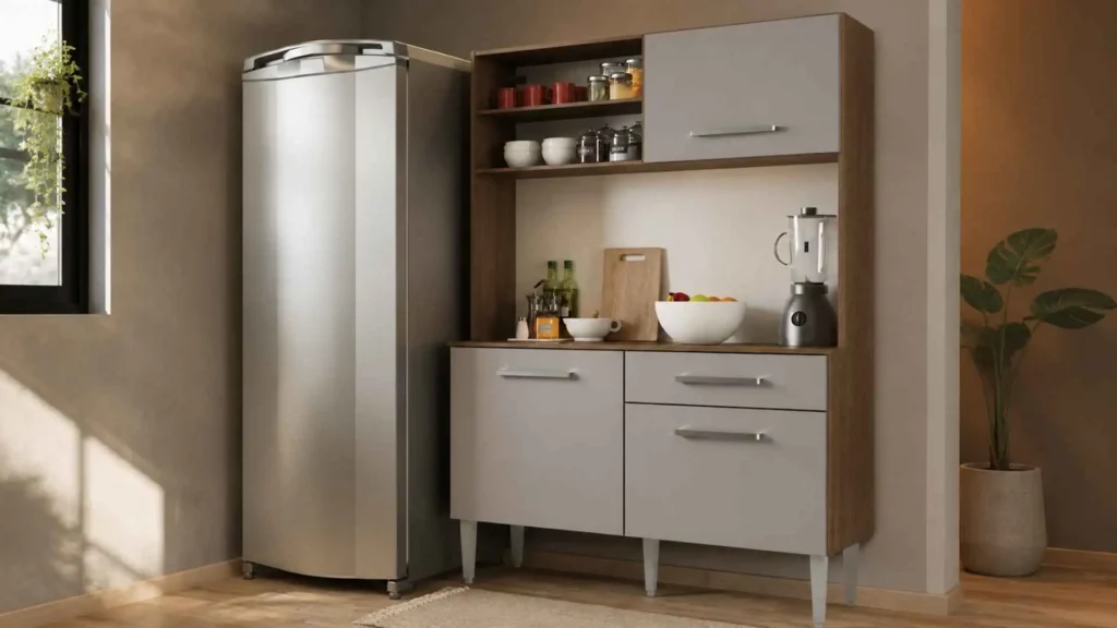 Armário de Cozinha Compacta Life Madesa na tonalidade crema e amadeirado rustic para apartamentos pequenos
