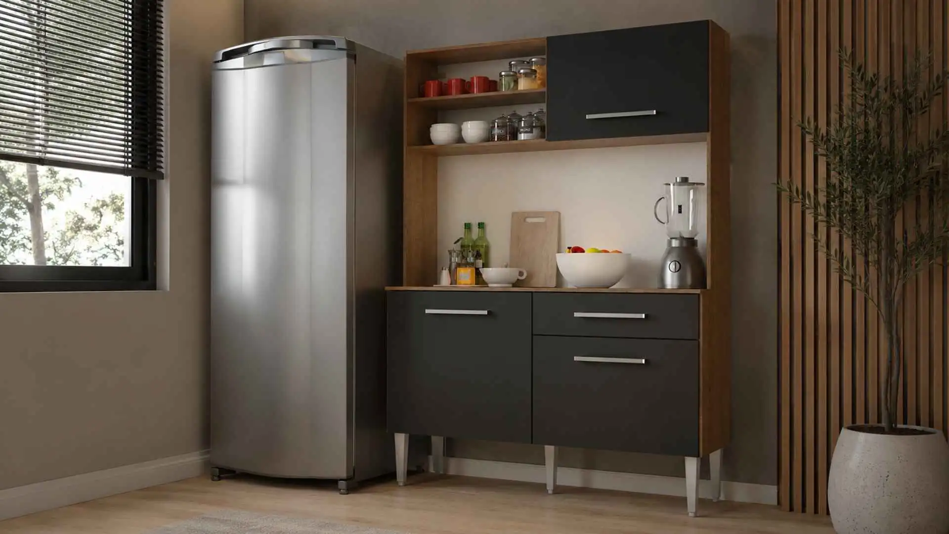 Armário de Cozinha Compacta Life Madesa na cor preta e amadeirado rustic com puxadores em alumínio
