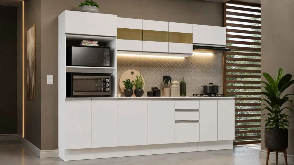 Armário de Cozinha Smart Madesa 01 100% MDF na cor branca com torre quente e armários aéreos montados em ambiente integrado