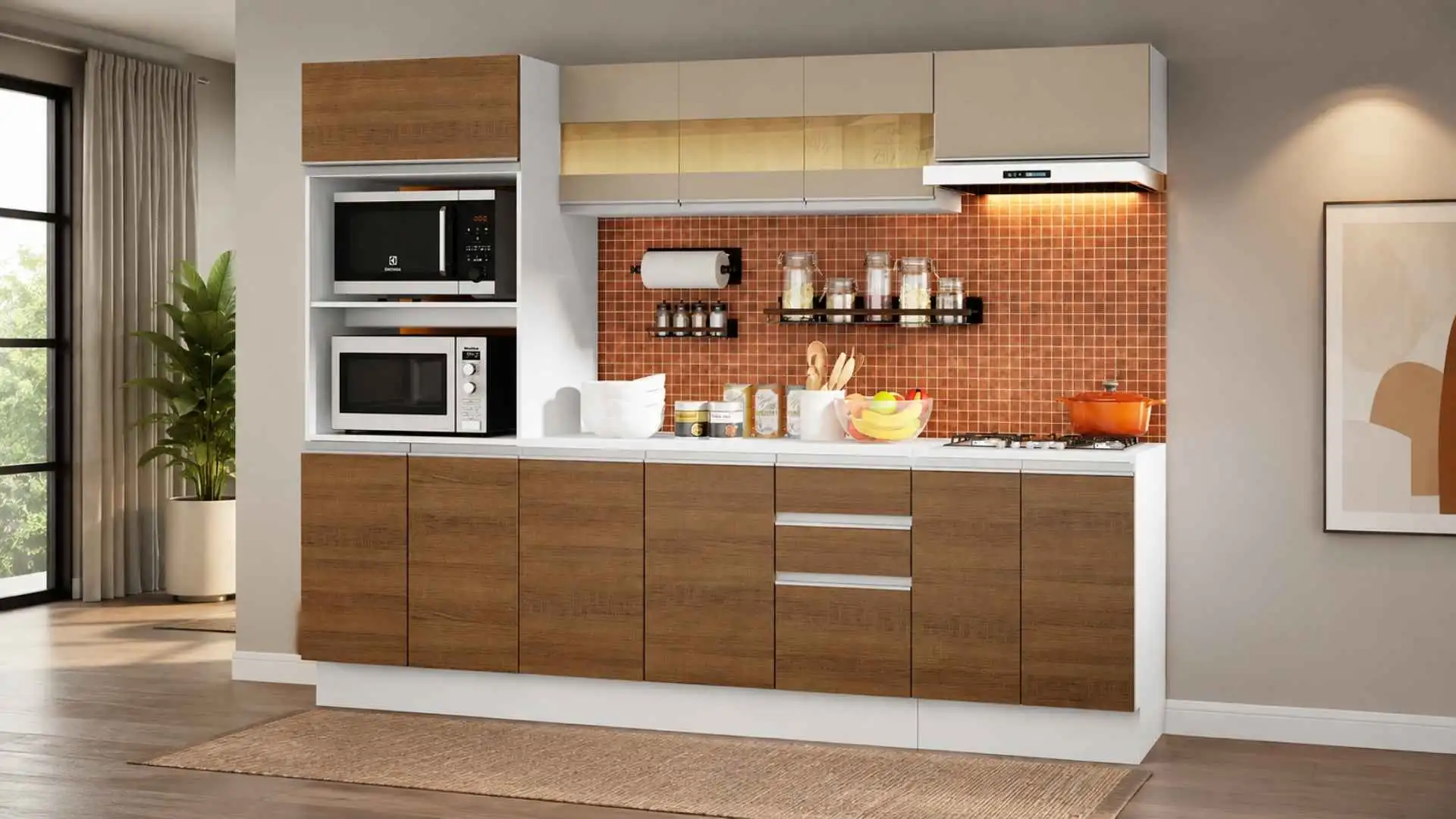 Armário de Cozinha Smart Madesa 01 com acabamento amadeirado Rustic e portas Crema em cozinha decorada