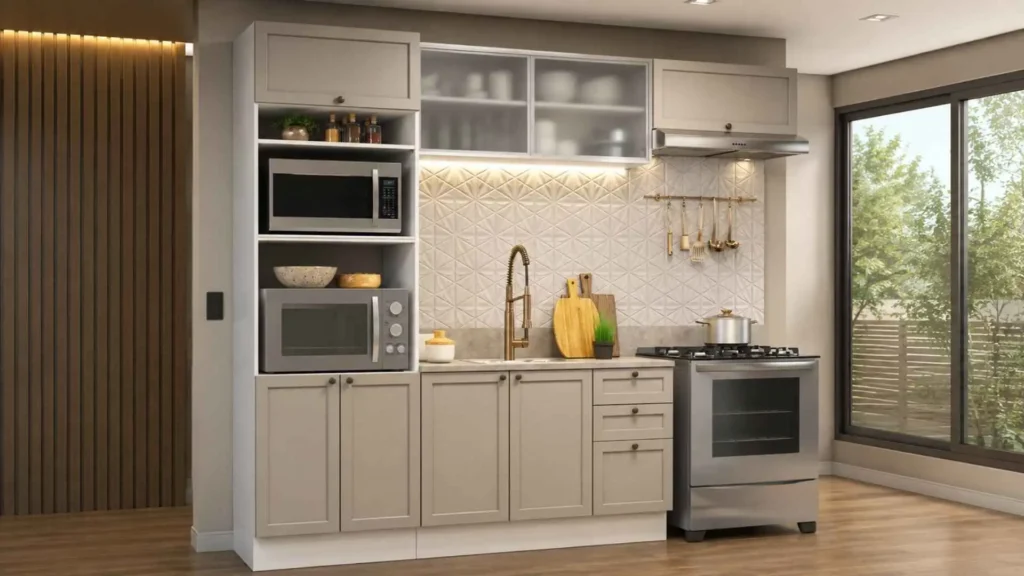 Armário de Cozinha Vik Madesa 03 estilo americano no tom crema com puxadores ponto em metal ouro envelhecido