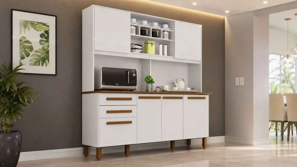 Armário para Cozinha Luna Plus branco 6 portas 2 gavetas montado em ambiente claro