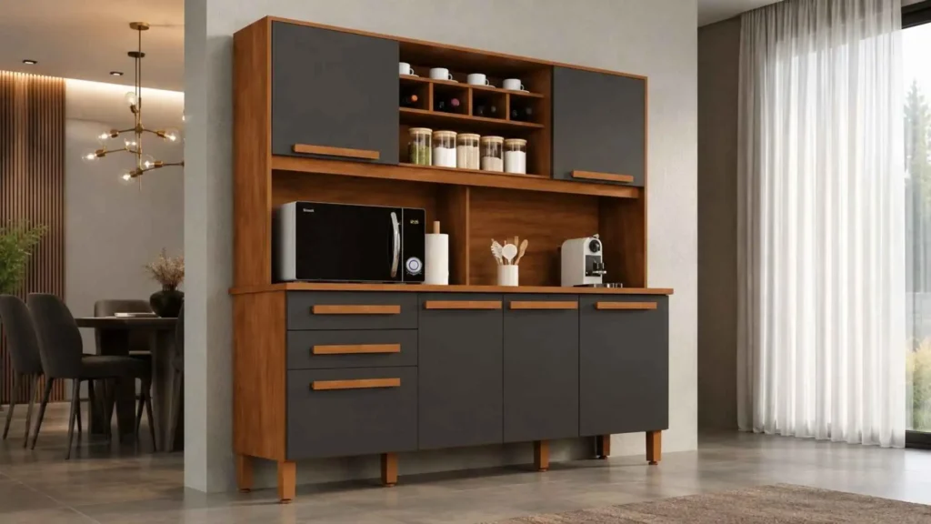 Armário para Cozinha Luna Plus grafite com 6 portas e acabamento amadeirado