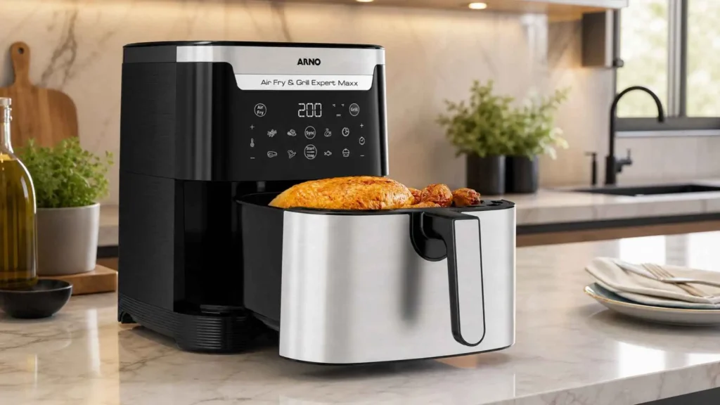 Cesto aberto da Fritadeira Arno Airfry & Grill Expert Maxx Digital AFD6 mostrando o preparo de um frango inteiro