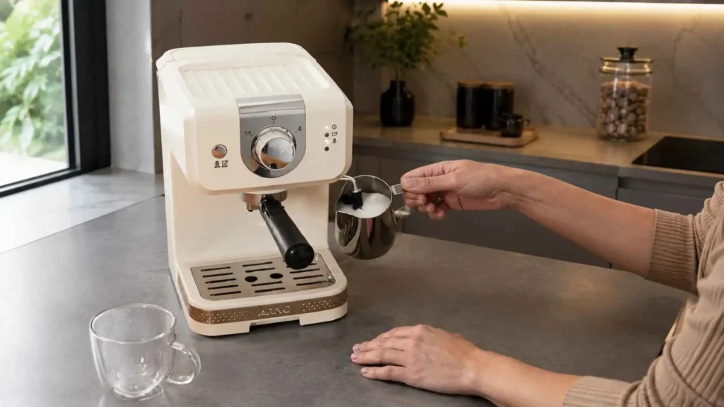 Texturização de leite com pitcher de inox no bico vaporizador da cafeteira Arno Opio Soleil