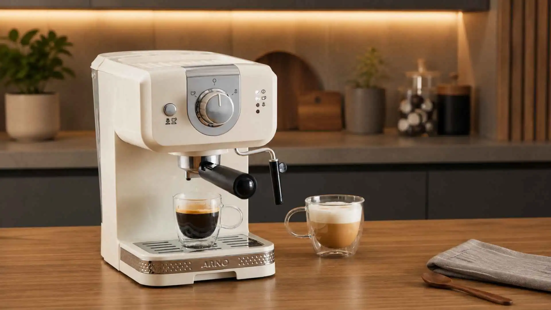 Cafeteira Arno Opio Soleil marfim na bancada com xícara de espresso e copo de café com leite cremoso