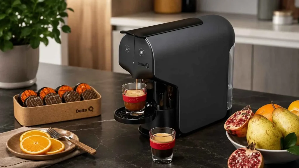 Cafeteira de cápsulas Delta Q Quick grafite extraindo café espresso com crema densa